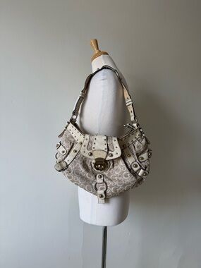 Vintage Guess Logo Shoulder Bag Y2K Monogram Beige Studded Hobo